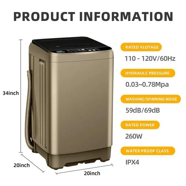 Alt view image 2 of 6 - Full-Automatic Washing Machine, 15.6lbs Capacity Portable Washer, with Drain Pump, LED Display/8 Water Levels Selections/10 Programs Compact Laundry Washer for RV, Camping, Apartment, DormGold)