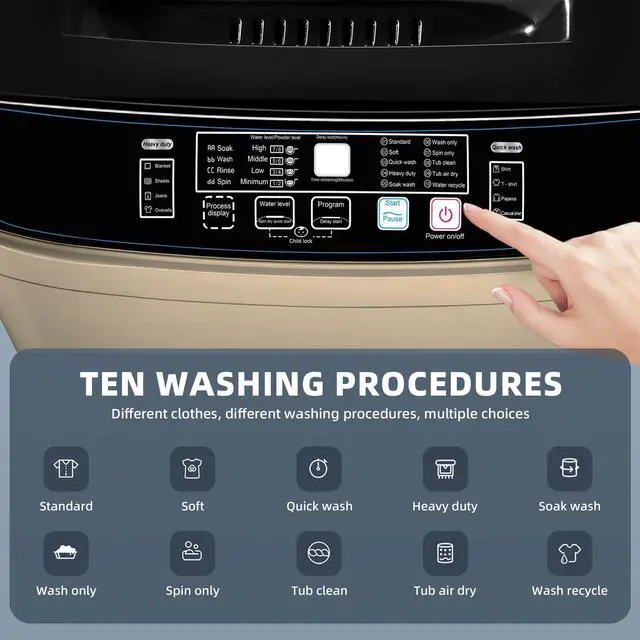 Alt view image 4 of 6 - Full-Automatic Washing Machine, 15.6lbs Capacity Portable Washer, with Drain Pump, LED Display/8 Water Levels Selections/10 Programs Compact Laundry Washer for RV, Camping, Apartment, DormGold)