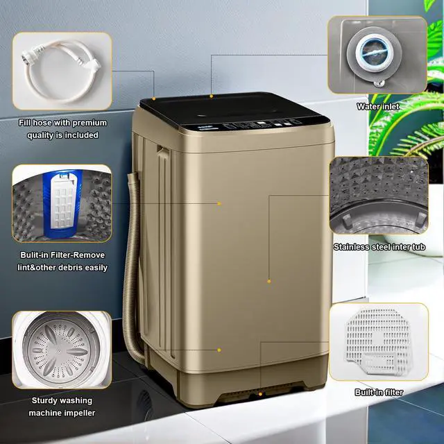 Alt view image 5 of 6 - Full-Automatic Washing Machine, 15.6lbs Capacity Portable Washer, with Drain Pump, LED Display/8 Water Levels Selections/10 Programs Compact Laundry Washer for RV, Camping, Apartment, DormGold)