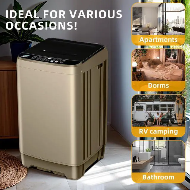 Alt view image 6 of 6 - Full-Automatic Washing Machine, 15.6lbs Capacity Portable Washer, with Drain Pump, LED Display/8 Water Levels Selections/10 Programs Compact Laundry Washer for RV, Camping, Apartment, DormGold)