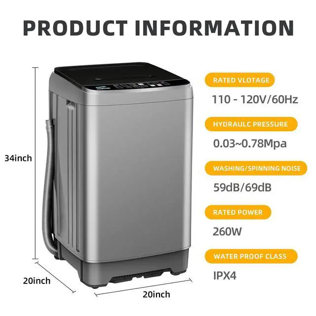 Alt view image 2 of 6 - Full-Automatic Washing Machine, 15.6lbs Capacity Portable Washer, with Drain Pump, LED Display/8 Water Levels Selections/10 Programs Compact Laundry Washer for RV, Camping, Apartment, DormGrey