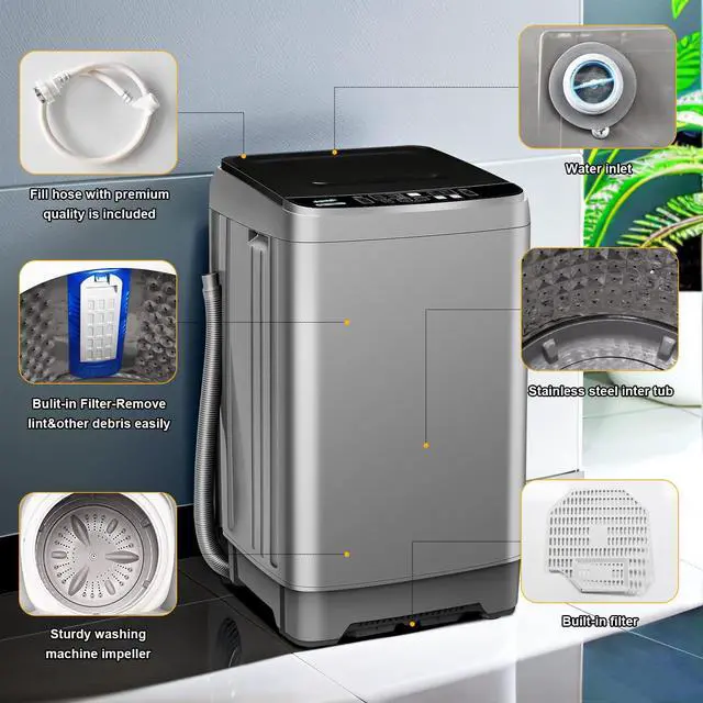 Alt view image 5 of 6 - Full-Automatic Washing Machine, 15.6lbs Capacity Portable Washer, with Drain Pump, LED Display/8 Water Levels Selections/10 Programs Compact Laundry Washer for RV, Camping, Apartment, DormGrey