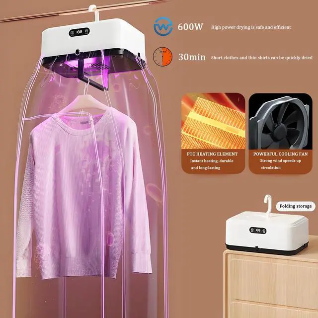 Alt view image 6 of 6 - Portable Clothes Dryer,Intelligent Constant Temperature And Portable,Small Foldable,360 Cycle Heating,Digital Touch Screen,Suitable For Home Or Travel Use (White)