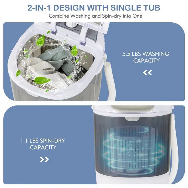 Alt view image 5 of 7 - Portable Mini Washing Machine, Clothes Washer and Spinner Combo, 5.5 LBS Capacity, Small Compact Laundry Washer for Apartment Dorm RV (Grey & White)