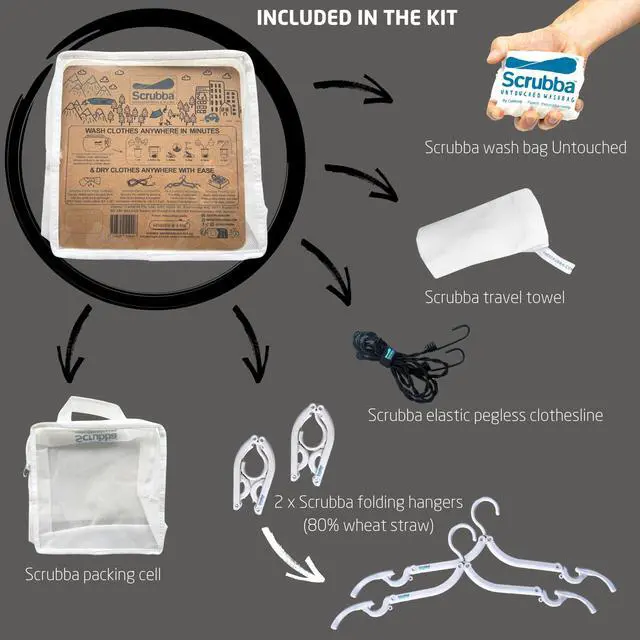 Alt view image 2 of 7 - Untouched Wash & Dry Kit Washboard-in-a-Bag Travel Laundry System | Wash Fast, Dry Anywhere, Travel Laundry, Wash Bag, Absorbent Towel, Folding Hanger, Pegless Clothesline, Packing Cell