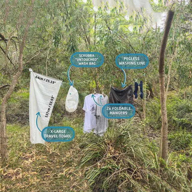 Alt view image 6 of 7 - Untouched Wash & Dry Kit Washboard-in-a-Bag Travel Laundry System | Wash Fast, Dry Anywhere, Travel Laundry, Wash Bag, Absorbent Towel, Folding Hanger, Pegless Clothesline, Packing Cell