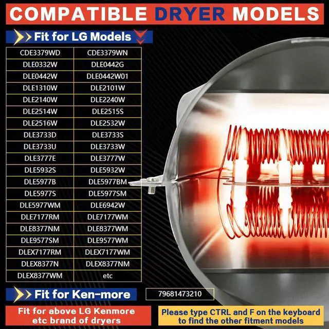 Alt view image 4 of 7 - DLE5977S DLE7177RM DLE2516W Dryer Heating Element Assembly Fit For LG Model | DLE0332W DLEX7177RM DLE2514W, DLE8377NM DLE3777W DLE0442W, DLE3733U DLE5932W DLE2532W, DLEX7177WM DLE8377WM Replacement