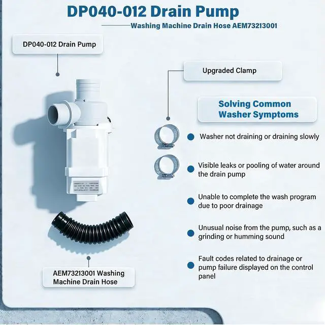 Alt view image 4 of 7 - DP040-012 4681EA1007A Drain Pump & AEM73213001 Drain Hose Combo, Compatible with LG Kenmore GE Front-Load Washers, Fits WT1001CW WT1201CV 796.2900 Series