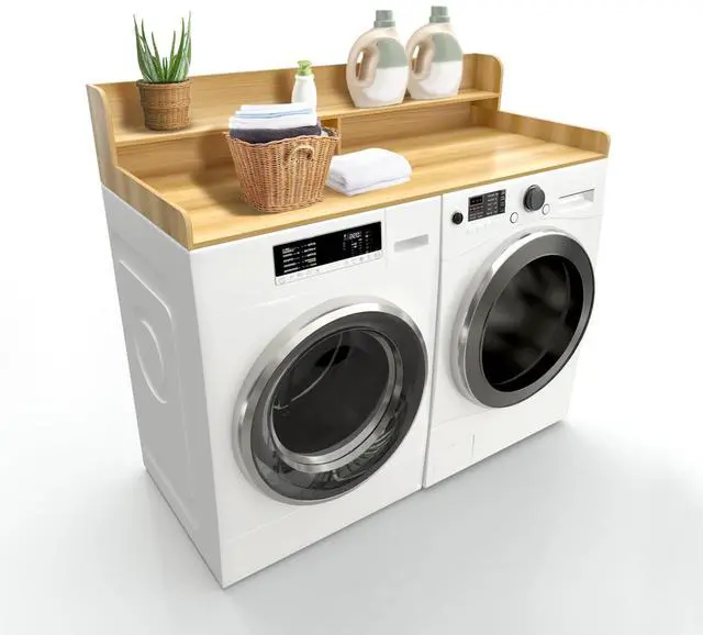 Main image of 54" x 27.5" Wooden Laundry Countertop with 2 Tier Shelf (burlywood) | Washer and Dryer Countertop with Topper Organization Waterproof Surface, Universal Fit