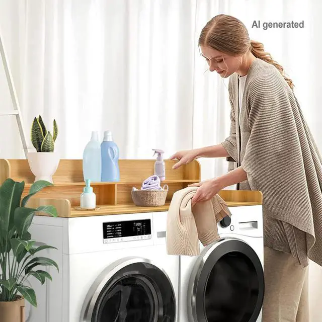 Alt view image 2 of 7 - 54" x 27.5" Wooden Laundry Countertop with 2 Tier Shelf (burlywood) | Washer and Dryer Countertop with Topper Organization Waterproof Surface, Universal Fit
