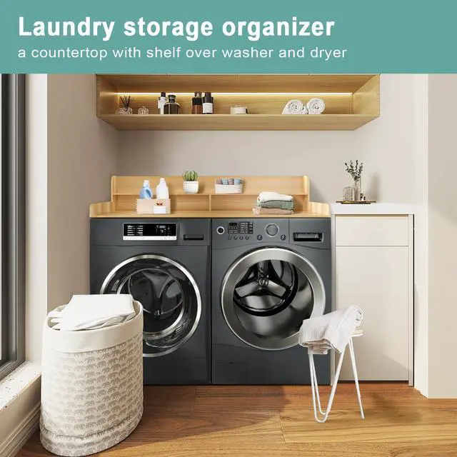 Alt view image 4 of 7 - 54" x 27.5" Wooden Laundry Countertop with 2 Tier Shelf (burlywood) | Washer and Dryer Countertop with Topper Organization Waterproof Surface, Universal Fit