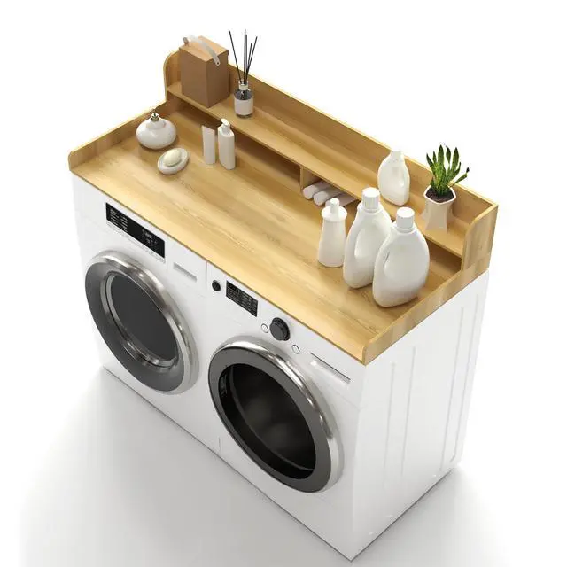 Alt view image 7 of 7 - 54" x 27.5" Wooden Laundry Countertop with 2 Tier Shelf (burlywood) | Washer and Dryer Countertop with Topper Organization Waterproof Surface, Universal Fit
