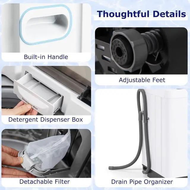 Alt view image 3 of 7 - Portable Washing Machine, 1.5 cu.ft Compact Washer with Drain Pump, LED Display, 8 Programs, 10 Water Levels, Child Lock, 11 LBS Clothes Capacity for Apartment, Home, Dorms, RV (White & Black)