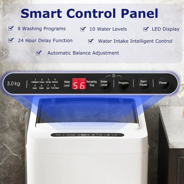Alt view image 6 of 7 - Portable Washing Machine, 1.5 cu.ft Compact Washer with Drain Pump, LED Display, 8 Programs, 10 Water Levels, Child Lock, 11 LBS Clothes Capacity for Apartment, Home, Dorms, RV (White & Black)