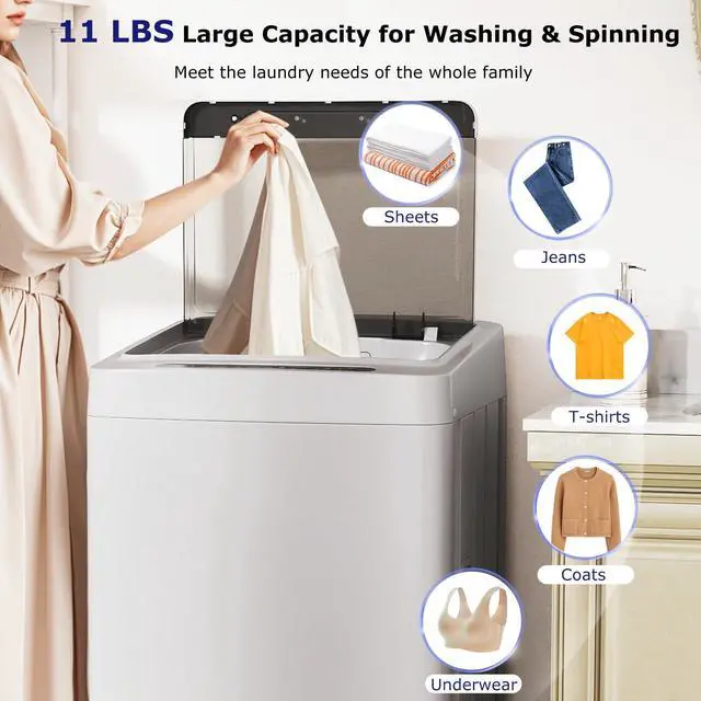 Alt view image 3 of 7 - Portable Washing Machine, 1.5 cu.ft Compact Washer with Drain Pump, LED Display, 8 Programs, 10 Water Levels, Child Lock, 11 LBS Clothes Capacity for Apartment, Home, Dorms, RV (Gray & Black)