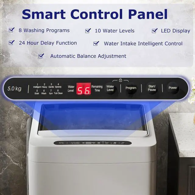 Alt view image 5 of 7 - Portable Washing Machine, 1.5 cu.ft Compact Washer with Drain Pump, LED Display, 8 Programs, 10 Water Levels, Child Lock, 11 LBS Clothes Capacity for Apartment, Home, Dorms, RV (Gray & Black)