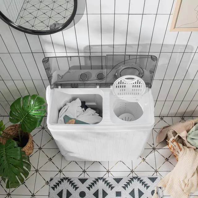 Alt view image 3 of 7 - Portable Washing Machine, 26lbs Washer and Spinner Combo,18 lbs Washing 8 lbs Spinning, Built-in Drain Pump, w/Timer Control, Dorm Apartment Twin Tub Mini Laundry Washer Gray White