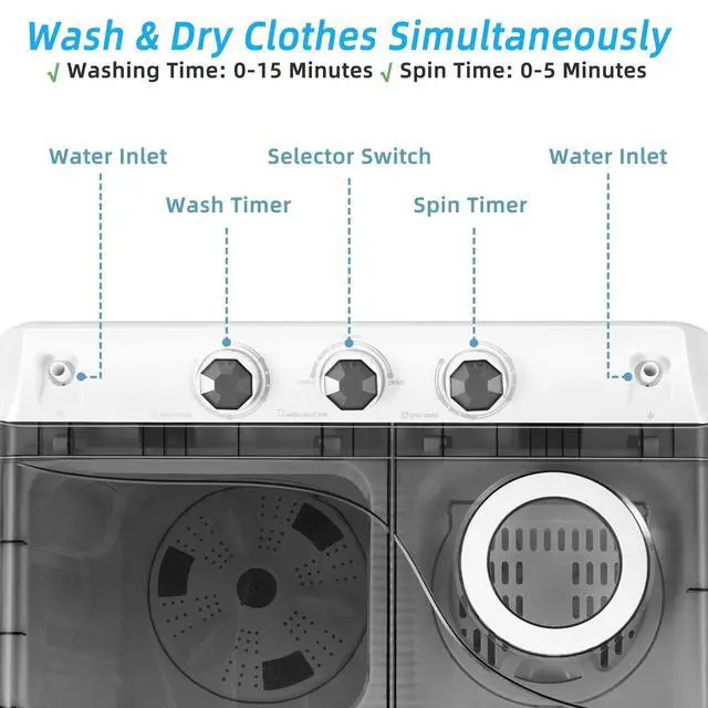 Alt view image 6 of 7 - Portable Washing Machine, 26lbs Washer and Spinner Combo,18 lbs Washing 8 lbs Spinning, Built-in Drain Pump, w/Timer Control, Dorm Apartment Twin Tub Mini Laundry Washer Gray White