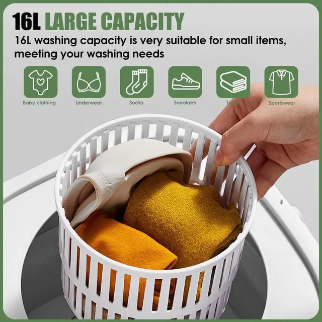 Alt view image 3 of 7 - Portable Washing Machine 16L Mini Laundry Washer 3 Modes with Spin Basket Laundry Machine Cleaning Depth Underwear,Baby Clothes Small Shirt for Apartments Dormitories Hotels and Camping (Green)