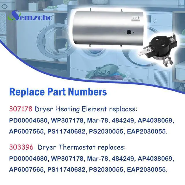 Alt view image 5 of 7 - Dryer Heating Element Kit - 307178 Dryer Heating Element and 303396 Dryer Thermostat (L200-30) Replaces 484249 AP4038069, Compatible with may-tag cro-sley and interna-tional dryers