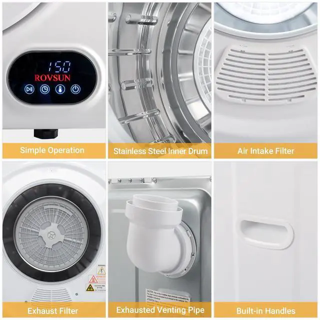 Alt view image 4 of 7 - Portable Clothes Dryer, Front Load Electric Dryers Machine, Compact Laundry Dryers with Stainless Steel Tub, for Home, Apartment, Dorm, White (LCD Touch Control)
