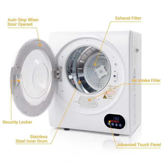 Alt view image 6 of 7 - Portable Clothes Dryer, Front Load Electric Dryers Machine, Compact Laundry Dryers with Stainless Steel Tub, for Home, Apartment, Dorm, White (LCD Touch Control)
