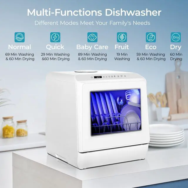 Alt view image 2 of 7 - Countertop Dishwasher Portable with 6 Programs, 5L Built-in Water Tank for Apartments, 167 High-Temp, No Hookup Needed, Mini Dishwasher with Baby Care, Air Dry/Quick/ECO/Fruit/Normal, White