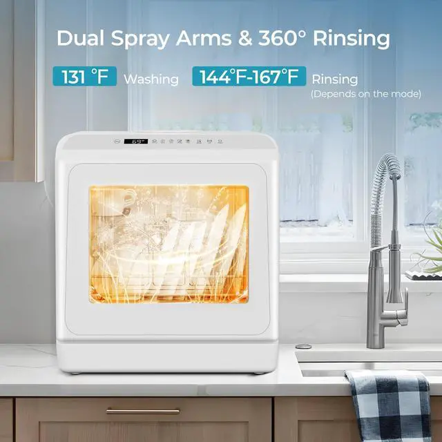 Alt view image 5 of 7 - Countertop Dishwasher Portable with 6 Programs, 5L Built-in Water Tank for Apartments, 167 High-Temp, No Hookup Needed, Mini Dishwasher with Baby Care, Air Dry/Quick/ECO/Fruit/Normal, White