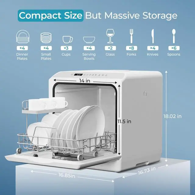 Alt view image 6 of 7 - Countertop Dishwasher Portable with 6 Programs, 5L Built-in Water Tank for Apartments, 167 High-Temp, No Hookup Needed, Mini Dishwasher with Baby Care, Air Dry/Quick/ECO/Fruit/Normal, White