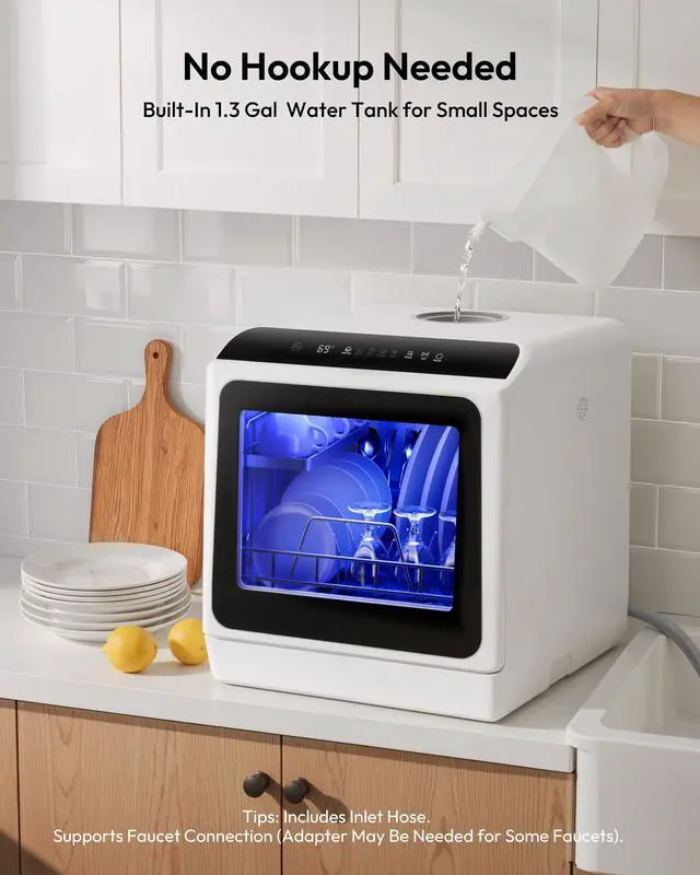 Alt view image 2 of 7 - Countertop Dishwasher Portable, 6 Programs with 40 dB, No Hookup | 6 Programs (Normal, ECO, Quick, Baby Care/Strong, Fruit, Dry), Dual Spray Arms, 360° Coverage, for 30+ Items, 73h Ventilation