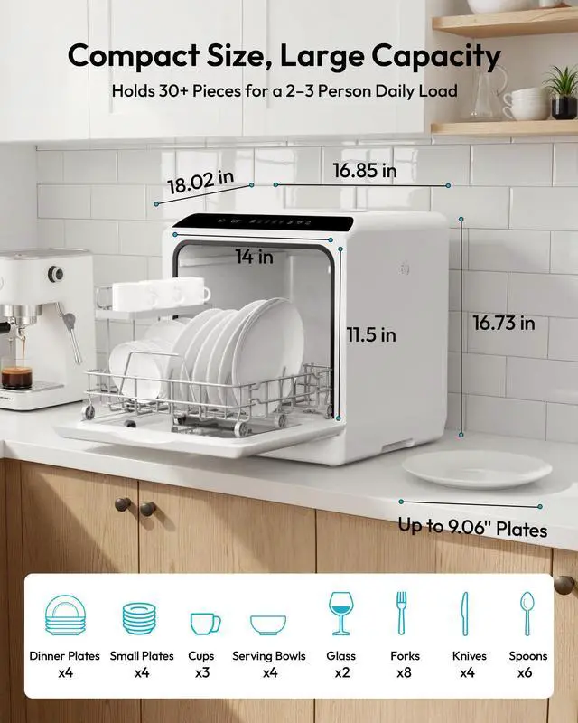 Alt view image 3 of 7 - Countertop Dishwasher Portable, 6 Programs with 40 dB, No Hookup | 6 Programs (Normal, ECO, Quick, Baby Care/Strong, Fruit, Dry), Dual Spray Arms, 360° Coverage, for 30+ Items, 73h Ventilation