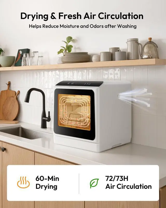Alt view image 5 of 7 - Countertop Dishwasher Portable, 6 Programs with 40 dB, No Hookup | 6 Programs (Normal, ECO, Quick, Baby Care/Strong, Fruit, Dry), Dual Spray Arms, 360° Coverage, for 30+ Items, 73h Ventilation