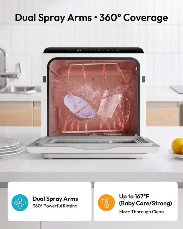 Alt view image 4 of 7 - Countertop Dishwasher Portable, 6 Programs with 40 dB, No Hookup | 6 Programs (Normal, ECO, Quick, Baby Care/Strong, Fruit, Dry), Dual Spray Arms, 360° Coverage, for 30+ Items, 73h Ventilation