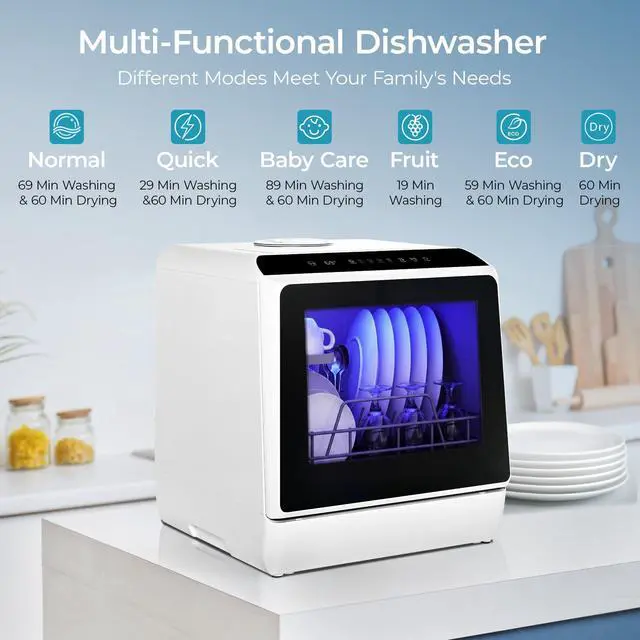 Alt view image 2 of 7 - 6 Programs Countertop Dishwasher Portable, 40dB, 360° Coverage | 6-Program (Normal, ECO, Quick, Baby Care/Strong, Fruit, Dry), 73h Ventilation, Time-Saving, for Apartment