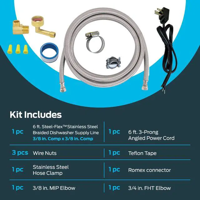 Alt view image 3 of 6 - 6 Ft. Dishwasher Installation Kit, Braided Stainless Steel Supply Line with 3/8 Inch Compression Ends, 3-Prong Straight Power Cord, 41150 (Pack of 12)