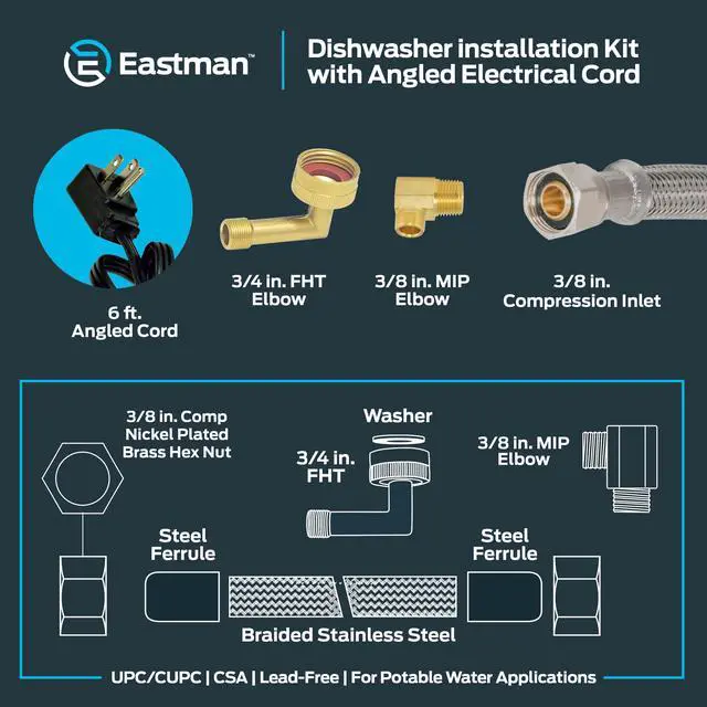 Alt view image 6 of 6 - 6 Ft. Dishwasher Installation Kit, Braided Stainless Steel Supply Line with 3/8 Inch Compression Ends, 3-Prong Straight Power Cord, 41150 (Pack of 12)