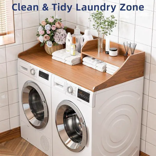 Alt view image 4 of 7 - 2-Tier 54" Width Washer Dryer Countertop for Laundry Room Organization | Depth Laundry Countertop Organization with Edge Wooden Washer and Dryer Topper for Folding Sorting & Ironing Easy to Install