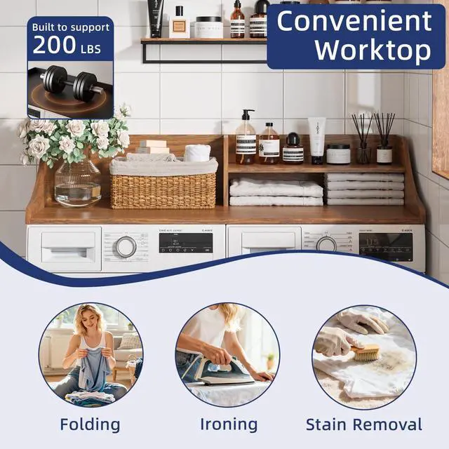 Alt view image 6 of 7 - 2-Tier 54" Width Washer Dryer Countertop for Laundry Room Organization | Depth Laundry Countertop Organization with Edge Wooden Washer and Dryer Topper for Folding Sorting & Ironing Easy to Install
