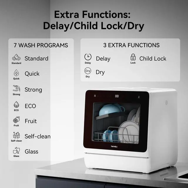 Alt view image 3 of 7 - Countertop Dishwasher, 7 Washing Programs Portable Dishwasher | Mini Dishwashers with 5-Liter Built-in Water Tank, Glass Door, LED Light, No Hookup Needed for RV & Apartment Use