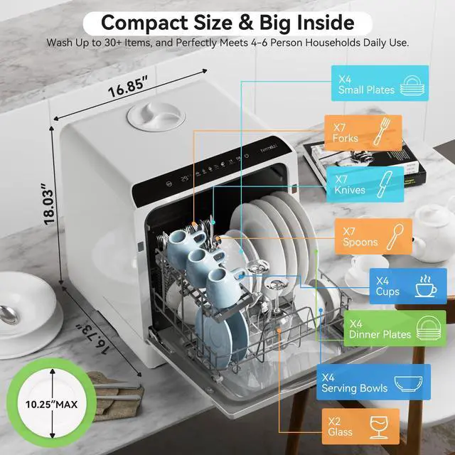 Alt view image 2 of 7 - Countertop Portable Dishwasher, Built-in 5-Liter Water Tank | 5 Washing Programs, Transparent Glass Door, No Hookup Needed for RV, Apartments & Small Kitchens