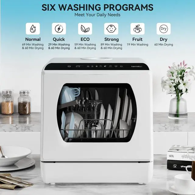 Alt view image 3 of 7 - Countertop Portable Dishwasher, Built-in 5-Liter Water Tank | 5 Washing Programs, Transparent Glass Door, No Hookup Needed for RV, Apartments & Small Kitchens