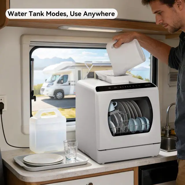 Alt view image 5 of 7 - Countertop Portable Dishwasher, Built-in 5-Liter Water Tank | 5 Washing Programs, Transparent Glass Door, No Hookup Needed for RV, Apartments & Small Kitchens