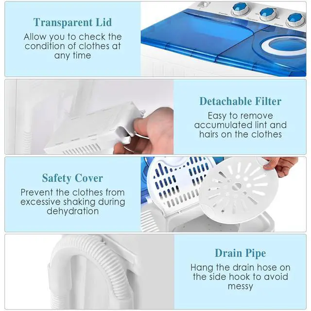Alt view image 2 of 7 - Portable Washing Machine, 26lbs Washer and Spinner Combo,18 lbs Washing 8 lbs Spinning, Built-in Drain Pump, w/Timer Control, Dorm Apartment Twin Tub Mini Laundry Washer Blue White