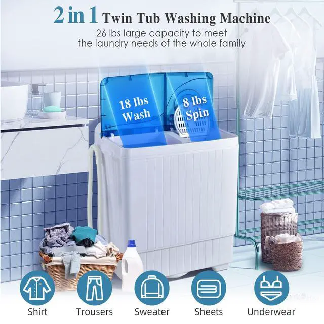 Alt view image 5 of 7 - Portable Washing Machine, 26lbs Washer and Spinner Combo,18 lbs Washing 8 lbs Spinning, Built-in Drain Pump, w/Timer Control, Dorm Apartment Twin Tub Mini Laundry Washer Blue White