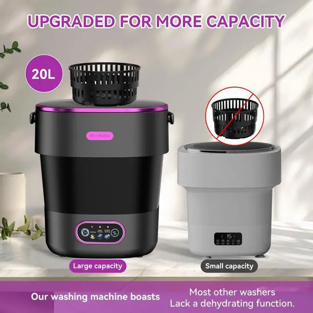 Alt view image 2 of 7 - Portable Washing Machine, Folding 20L Mini Washer and Spin-Dryer | 3 modes with deep cleaning. Compact for apartments, dorms, home, RV, and travel. For small clothes and delicates. Black