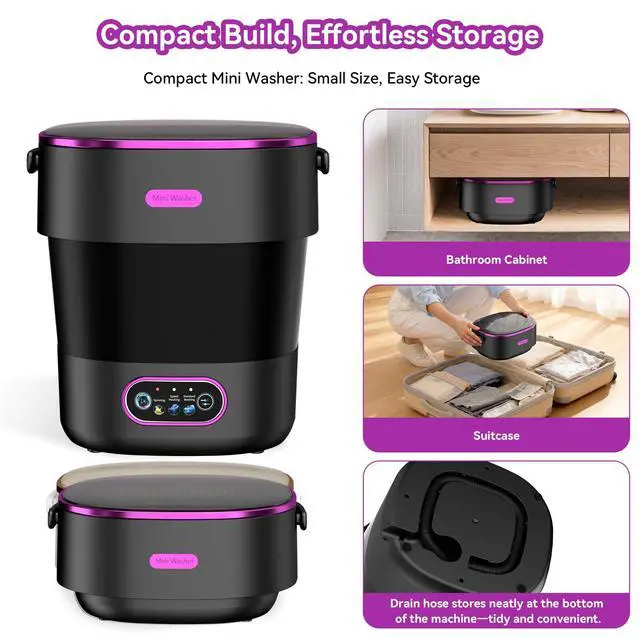 Alt view image 4 of 7 - Portable Washing Machine, Folding 20L Mini Washer and Spin-Dryer | 3 modes with deep cleaning. Compact for apartments, dorms, home, RV, and travel. For small clothes and delicates. Black