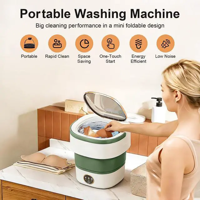 Alt view image 2 of 7 - Portable Washing Machine - 22L Mini Foldable Washer with Spin Basket, Green | 3 Cleaning Modes & Deep Cleaning for Small Clothes, Collapsible Laundry for Apartment, Home, Hotel and Travel