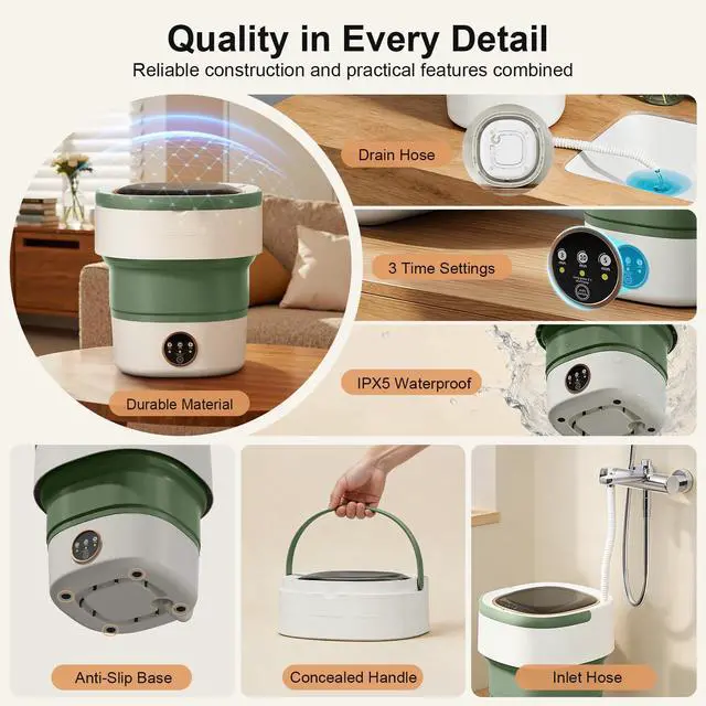 Alt view image 6 of 7 - Portable Washing Machine - 22L Mini Foldable Washer with Spin Basket, Green | 3 Cleaning Modes & Deep Cleaning for Small Clothes, Collapsible Laundry for Apartment, Home, Hotel and Travel