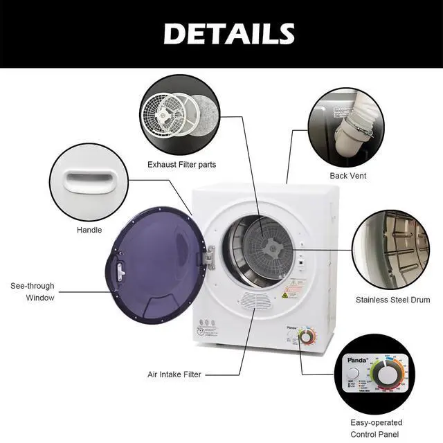 Alt view image 5 of 7 - Portable Clothes Dryer 1.5 Cu.Ft. Compact Dryer 850W 120V | Stainless Steel Tub; Vented Front Load Dryer; Ideal for Apartments, Dorms & Smalls Laundry Spaces