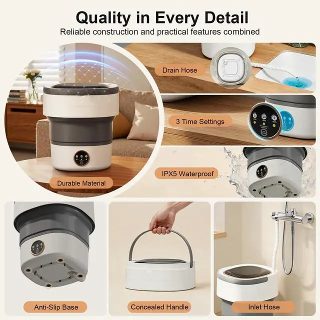 Alt view image 6 of 7 - Portable Washing Machine - 22L Mini Foldable Washer with Spin Basket, Gray | 3 Cleaning Modes & Deep Cleaning for Small Clothes, Collapsible Laundry for Apartment, Home, Hotel and Travel